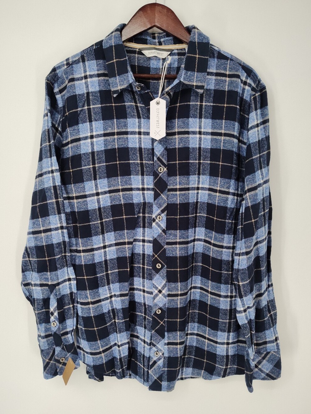 NWT Departwest Mens Casual Blue Plaid Flannel Button-Down Shirt Size X Large